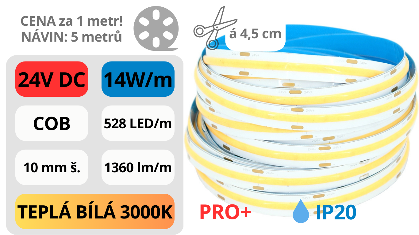 LED pásek COB 24V / 528LED / 14W / 3000K / IP20 / 10mm / PRO+
